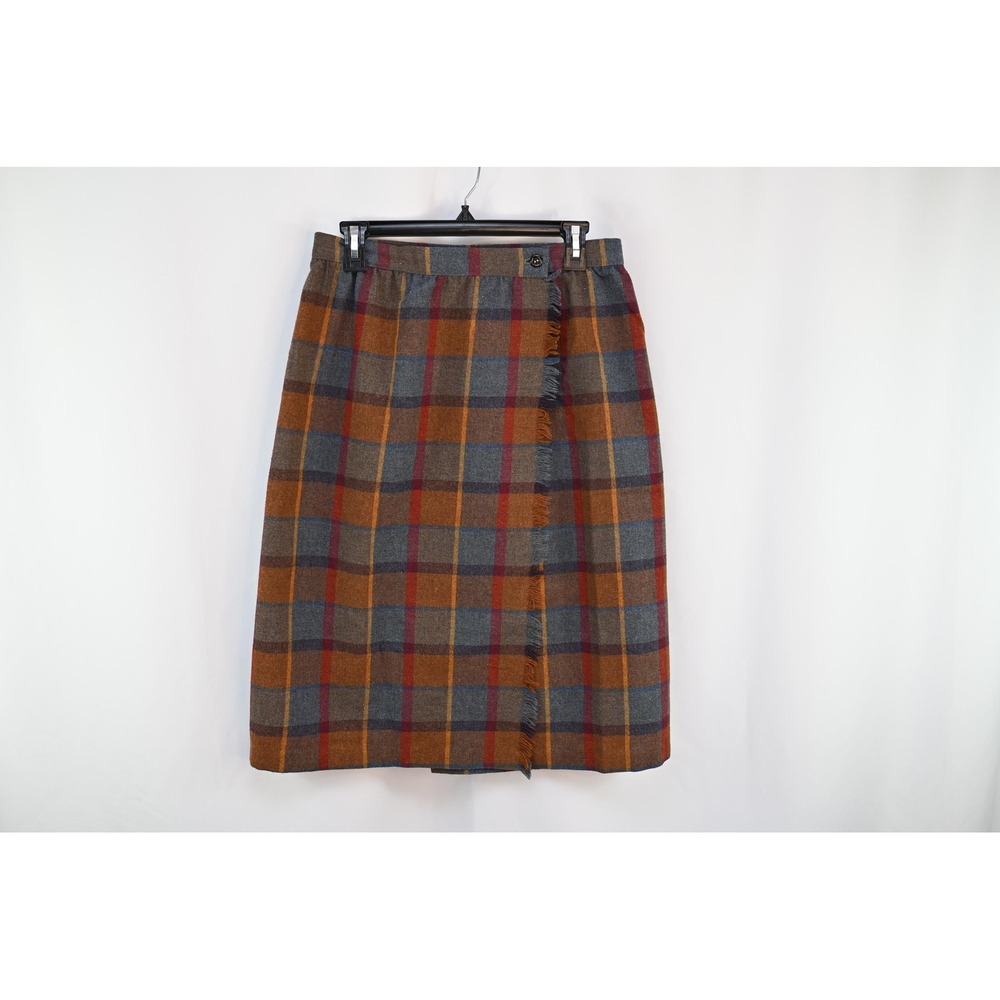 Vintage Fringed Tan Blue Plaid Wool Wrap Skirt Womens Size 12 Made in USA